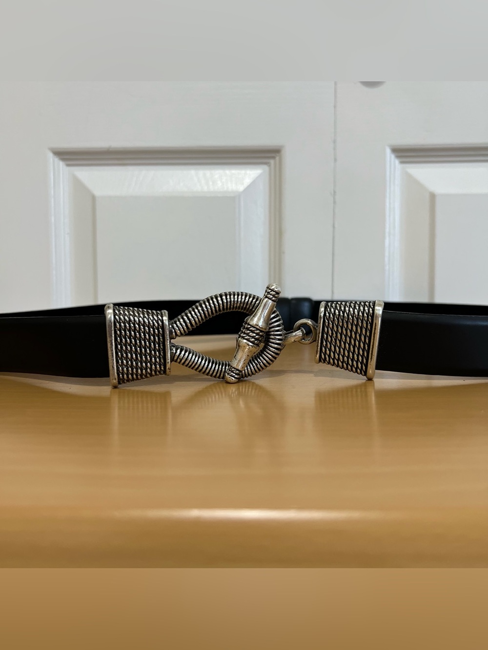 Chico's Black Leather Belt with Silver Rope-Style Toggle Hook Buckle Size M/L